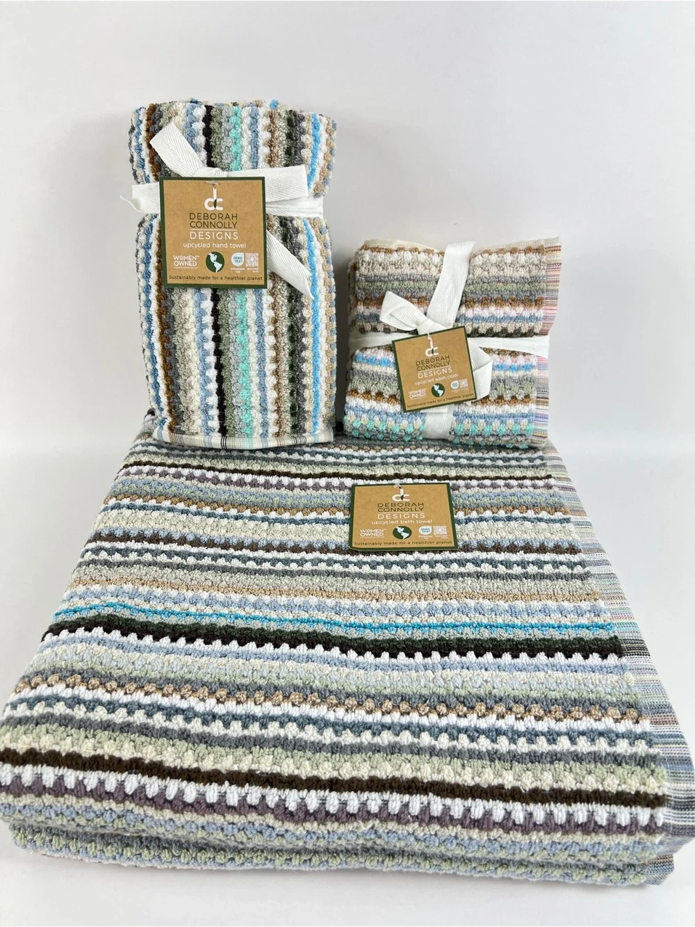 Deborah Connolly Bath Towel Set Striped Brown Green Aqua Cotton 8 Pc Set NEW
